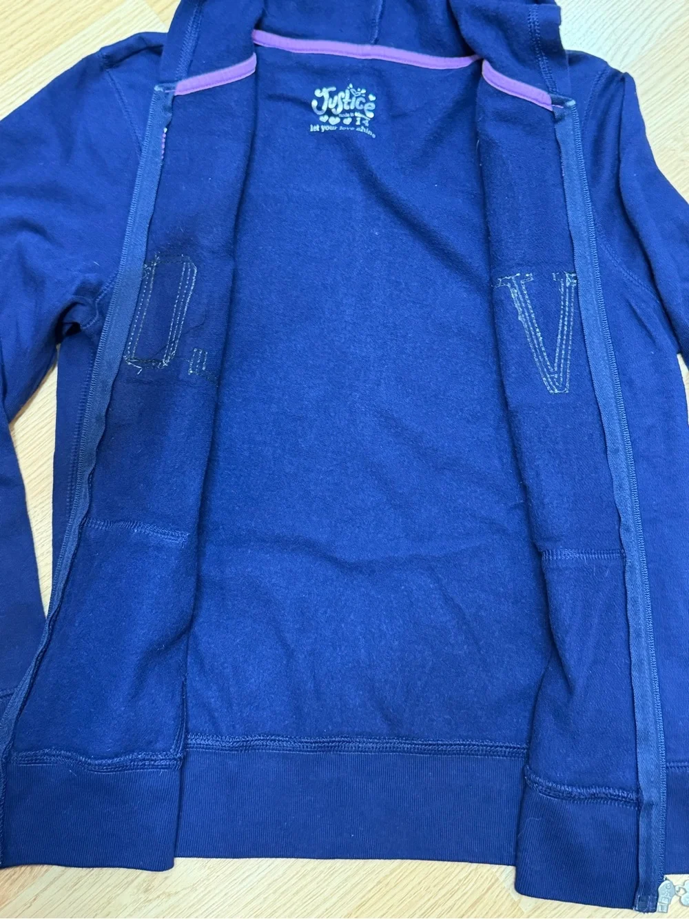 Justice Girls 14 Navy Sequin Love Logo Full Zip Hoodie Glitter Graphic Jacket